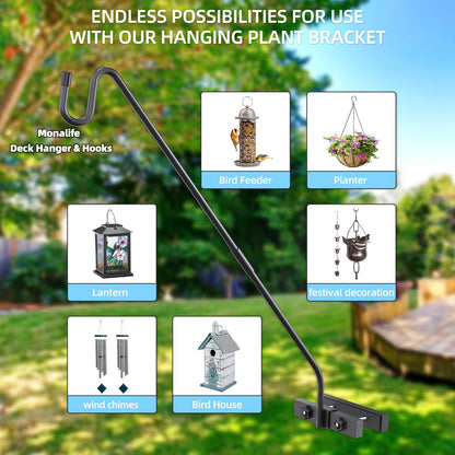 Monalife Deck Hook Railing Mount - Heavy Duty Metal Shepherds Hook Bracket for Outdoor Plant Hanger, Bird Feeder Hanger, Plant Hooks, Flower Baskets, Lanterns - 360° Rotating Pole, Extended Arm