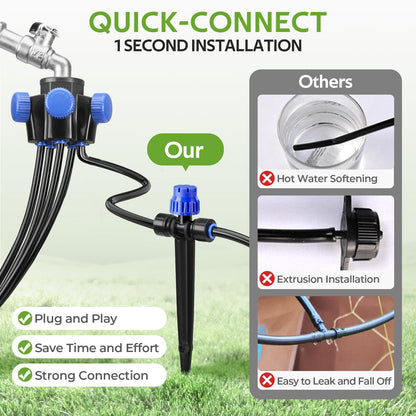 HIRALIY 100FT Garden Watering System, Automatic Drip Irrigation Kit with Adjustable Flow Nozzles, 5-Way Connector, Plastic Material, Modern Style, Ideal for Lawn, Patio, Garden, Raised Bed