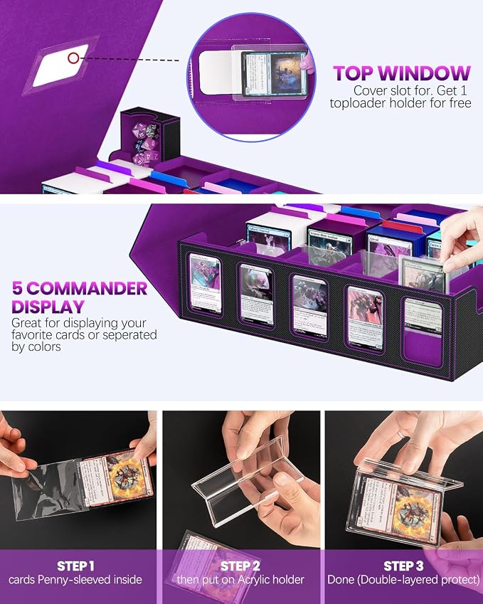 Trading Card Storage Box, 5 Row Card Deck Case with Commander Display & Portable Handle, 4200+ Card Deck Boxes Compatible for MTG TCG Magic Cards, 30 Divider, 8 Supporters, 1 Dice Tray(Black & Purple)