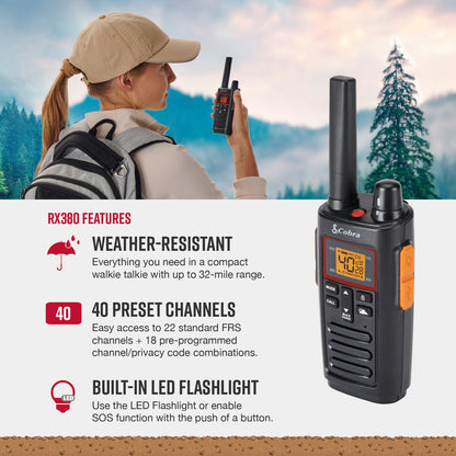 Cobra RX680 Walkie Talkies (2-Pack) - Rugged & Splashproof Two Way Radios Long Range, IP54 Water Resistant Design, 60 Pre-Programmed Channels, Weather Alerts, Included Charging Dock (Black/Orange)