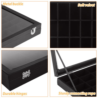 Acrux7 2 Pack Rock Collection Display Case, 36 Grid Rock Display Case, Black PU Leather Rocks Collection Box with Clear Glass Lid and Soft Velvet Grids for Collectibles, Gemstone, Crystal, Small Stone