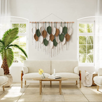 KHOYIME Large Macrame Wall Hanging Boho Woven Tapestry, Chic Home Decor Modern Bohemian Handmade Leaf Feather Wall Art Decorations for Apartment Dorm Living Room Bedroom Nursery Backdrop 39"W X 29.5"L
