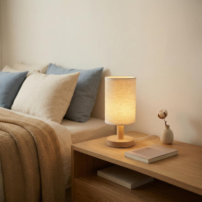 Puzipha Small Bedside Table Lamp with USB Powered, Minimalist Rustic Wood Base &Linen Shade, 2700K Warm Eye-Care Night Light, Farmhouse Boho Nightstand Lamp for Bedroom Dorm Nursery Kids Room Kitchen