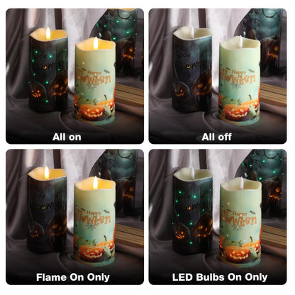 Eywamage Fiber Optic Halloween Flameless Candles, Spooky Pumpkin LED Pillar Candles with Remote, Battery Operated, Set of 2