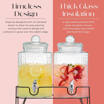 Style Setter Premium Glass Drink Dispensers with Metal Stand for Parties – Beverage Dispenser Set for Cold Drinks, Lemonade, Cocktails, Juice – Party Glass Drink Dispenser Station - 1.5 Gal, Set of 2