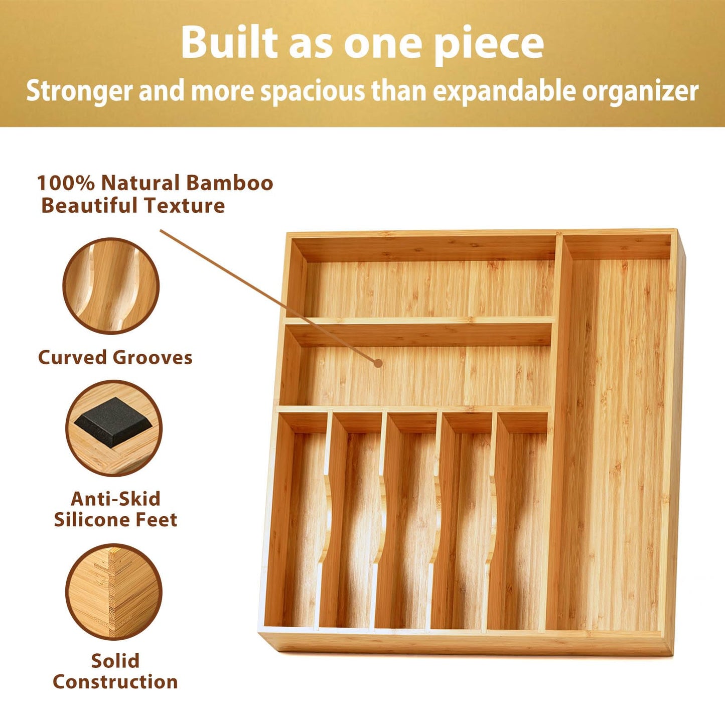 Umilife Bamboo Kitchen Drawer Organizer, 13 Inch Silverware Utensil Tray Holder, Extra Deep Grooved Drawer Divider, 7 Slots Total Bamboo Wood Caddy for Flatware Cutlery Knives, Forks, Spoons