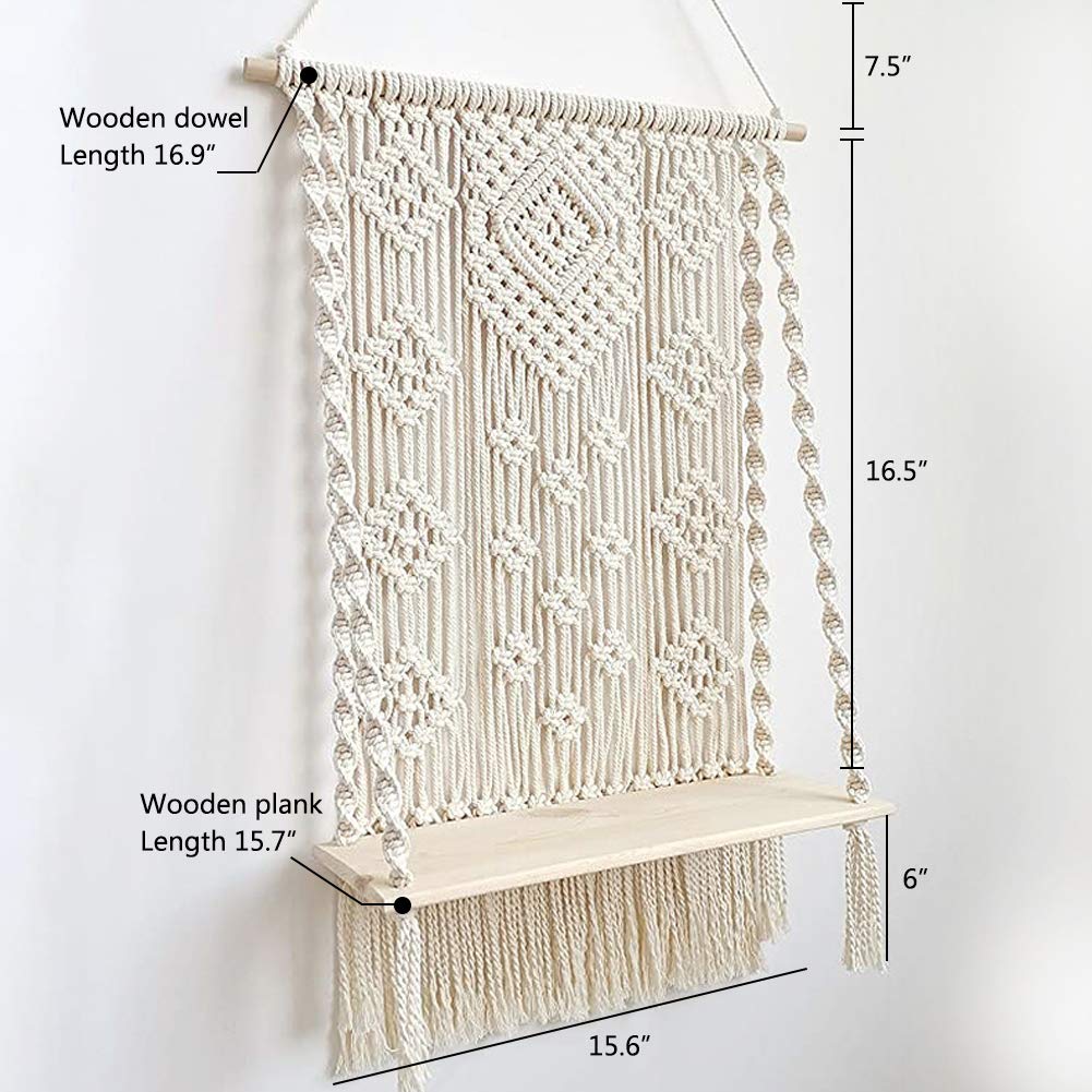 AMIAEDU Macrame Wall Hanging Shelf, Handmade Indoor Boho Pot Basket Hanger Holder, Rope Plant Hanger for Wall Decor (White)