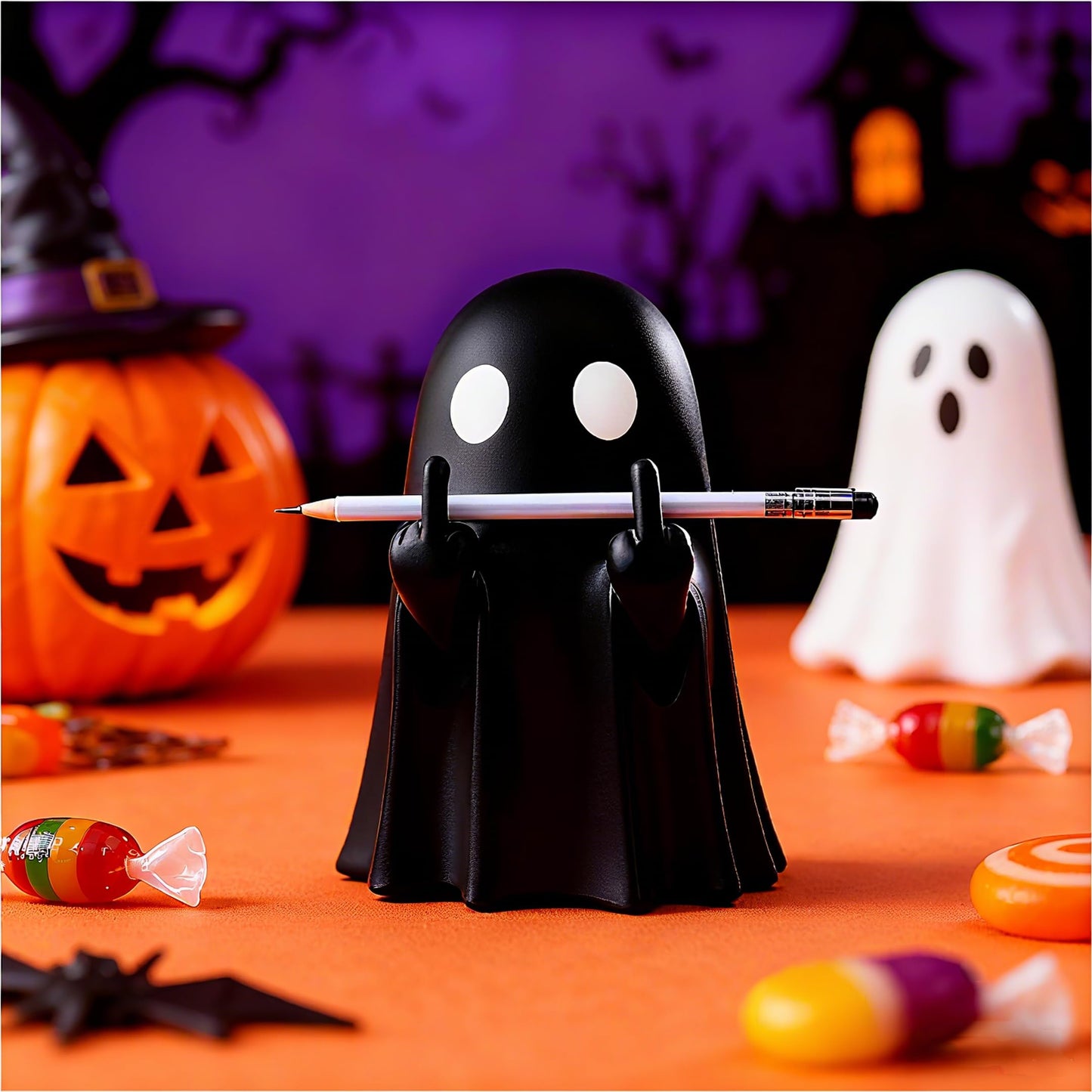 SMAILLBUDDHA Halloween Ghost Figurine Funny Middle Finger Resin Statue Cute Spooky Ghost Ornaments for Home Desk Party Porch New Year's Gift for Friends (Black)