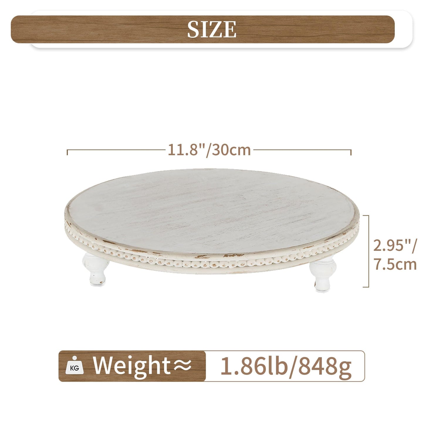 Hanobe Round Decorative Tray Stand: White Beaded Wood Pedestal Risers Farmhouse Circle Display Holder for Coffee Table Home Decor Kitchen Bathroom Counter