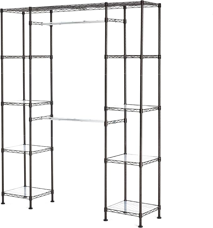 Amazon Basics Expandable Metal Hanging Closet Organizer and Storage Rack Wardrobe with Shelves, 57-80''L x 14''W x 72''H, Bronze