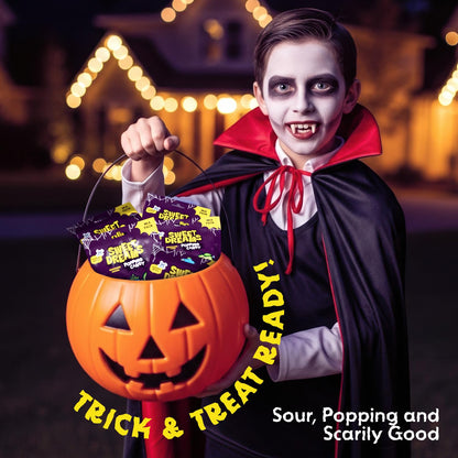 Sweet Dreams Popping Candy | Spooky Ghost Shaped Lollipop with Very Sour Dip Pouches, and Stickers | Display Pack, 12 Bags (3 pouches in each)- 36 Total Pouches