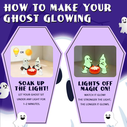 JULEASEL Glow-in-The-Dark Ghost Campfire Gathering, Cute & Cozy Halloween Ghost Figurine Set | 2 Ghosts, Ghost Dog, Ghost Cat and Tea Light Holder | Resin Ghost Statue for Home, Mantel, Shelf, Desk