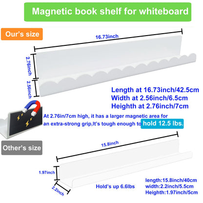 luniteling 2 Pack Magnetic Book Shelf for whiteboard,12.5LBS Holder Acrylic Scalloped Floating Shelves,16.73"x2.56"x2.76 Magnetic Floating Shelf for Classroom, Home & Office & Refrigerator Use(White)