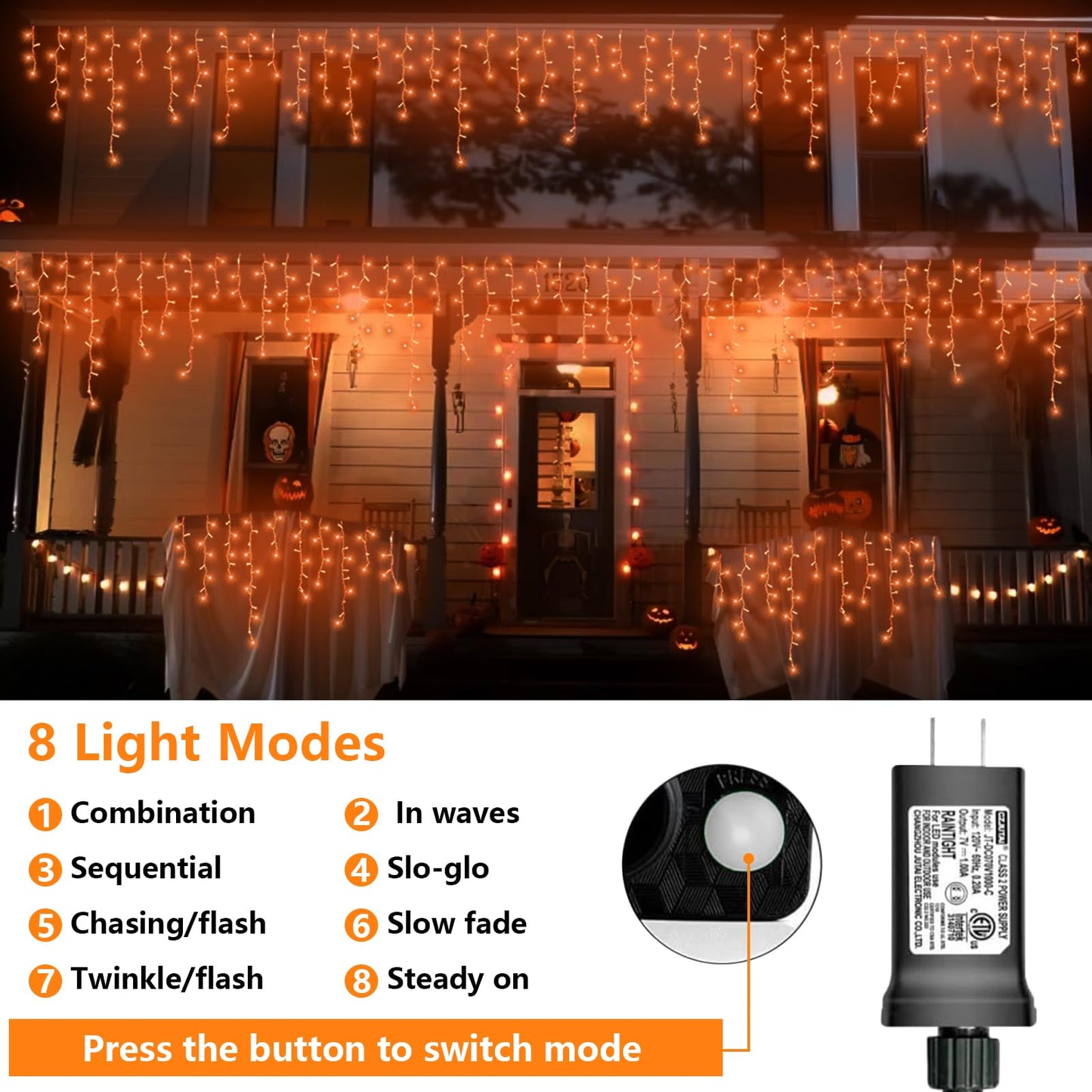 QITONG Orange Icicle Lights for Outside, 33ft 400 LED String Light with 8 Modes, Clear Wire Connectable Icicle Christmas Lights Indoor Plug in for Halloween Thanksgiving Fall Décor