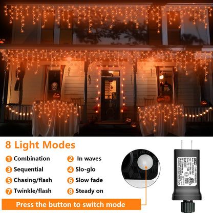 QITONG Orange Icicle Lights for Outside, 33ft 400 LED String Light with 8 Modes, Clear Wire Connectable Icicle Christmas Lights Indoor Plug in for Halloween Thanksgiving Fall Décor