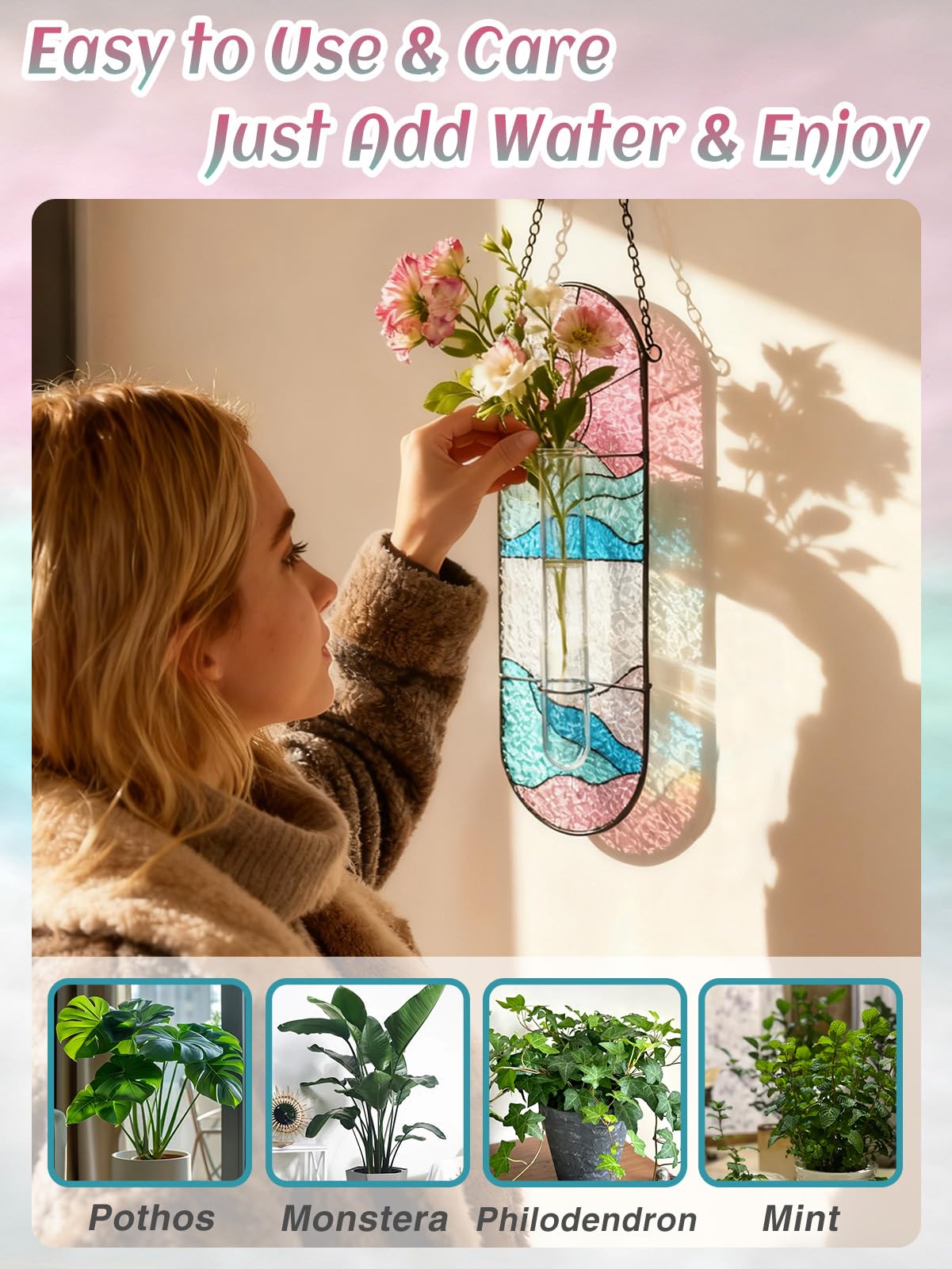 Stained Glass Plant Propagation Stations - Handmade Sunshine Catcher Hydroponic Planter Window Hanging with Glass Tubes, Terrarium Decor Gifts for Women Mom Plant Lovers, Pink