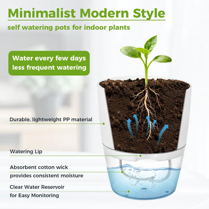 8 Pack Self Watering Pots for Indoor Plants, PlanterHoma 3.2 Inch Plant Pot Plastic Self Watering Planter for Orchid, African Violet, Mini Clear Flower Pots with Drainage Holes and Wicking Rope, White