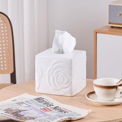 White Ceramic Rose Tissue Box Cover, Carved Flowers Large Square Tissue Box Holder Decorative for Bathroom, Vanity, Kitchen Countertop, Bedroom Night Stands, Office Desk Top