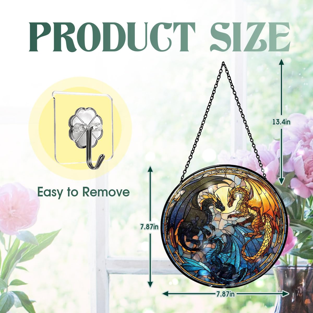 Greatingreat Dragon Stained Glass Window Hanging,7.87 Inch Bookshelf Decoration, Stained Glass Window Hanging Decoration, Whimsical Decor for Fantasy Lovers, Friends, Family, Classmates