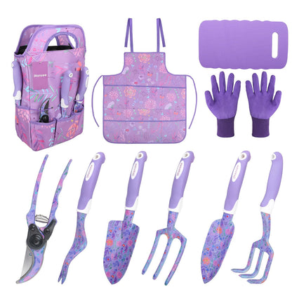iHansee Purple Garden Tool Sets 10-Piece, Aluminum Alloy Steel Hand Tools w/Non-Slip Ergonomic Handle, Floral Print Garden Supplies Organizer Handbag, Cute Gardening Tools Gift for Women Grandmother