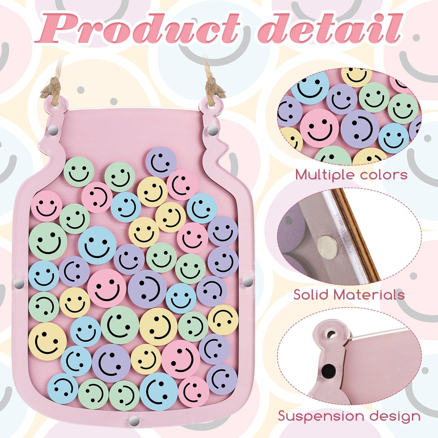 Zhanmai 11.57 x 8.66" Classroom Reward Jar for Kids Behavior Chart for Classroom Star Reward System Hanging Wooden Home Behavior Jar for Boys Girl Management Board Tools Incentive(Smiling Face,Pink)