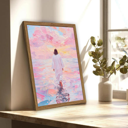 Pink Jesus Walking On Water Wall Art, Frame 3D Textured Hand Drawn Sandstone Christian Wall Decor Paintings Religious Savior Pictures for Living Prayer Room Bedroom, 12x16 in Wood Framed