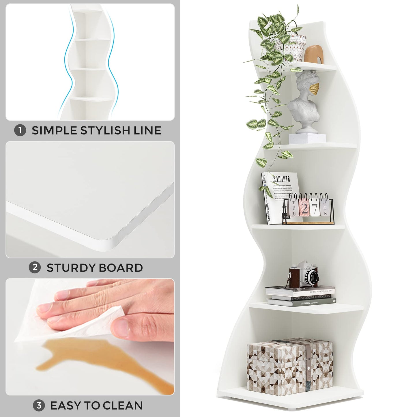 Tribesigns Corner Shelf, Modern 5-Tier Wall Corner Bookshelf, Stylish Corner Small Bookcase Storage Rack Plant Stand with Unique Shape for Living Room, Home Office (White, 1PC)