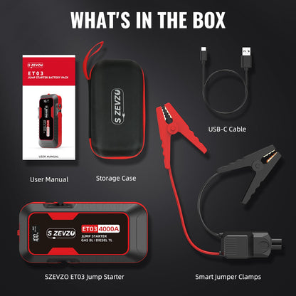 S ZEVZO ET03 Car Jump Starter 4000A Jump Starter Battery Pack for Up to 8.0L Gas and 7.0L Diesel Engines, 74Wh Portable 12V Jump Box with USB Ports, LCD Display, Storage Case, and LED Light