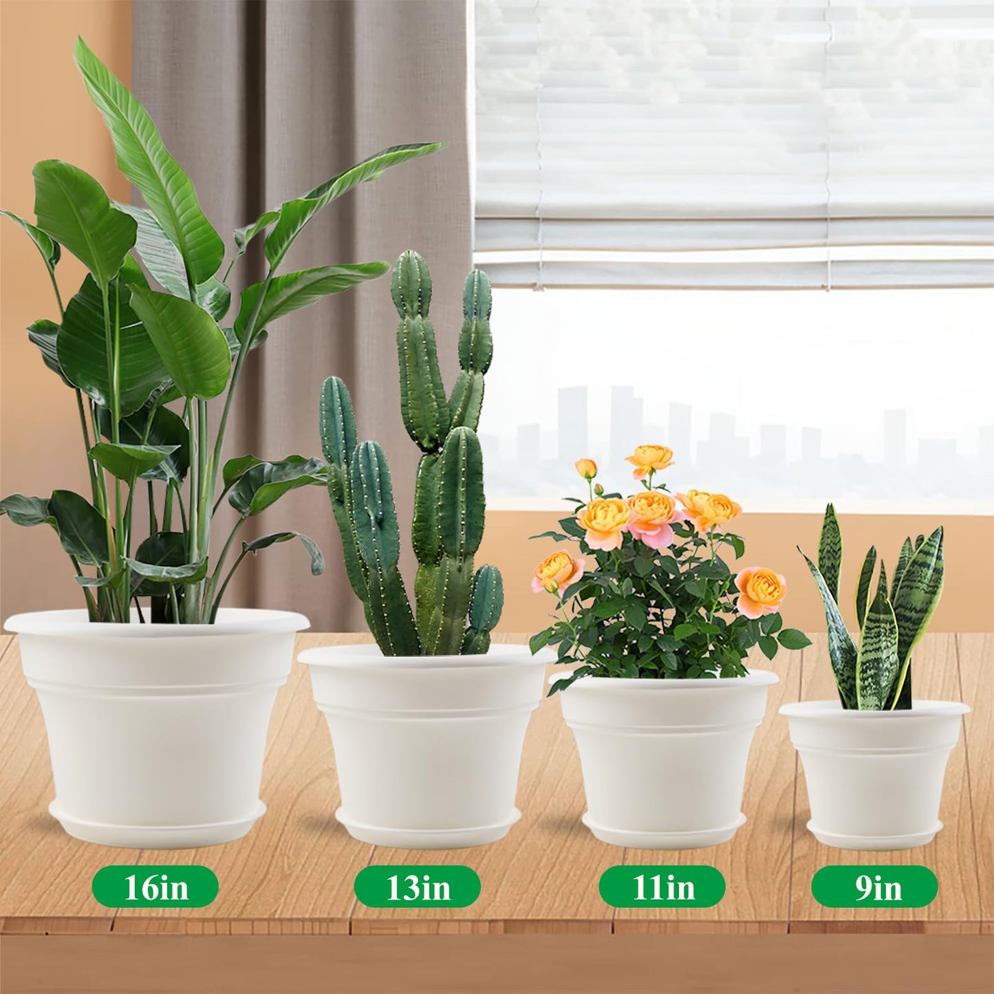 Pottiffe 13 Inch Plastic-Flower-Pot-for-Indoor-Plants, 4 Pack Large Outdoor Planter Pot with Drainage Holes & Saucers, Resin Decorative Garden Pots Planters