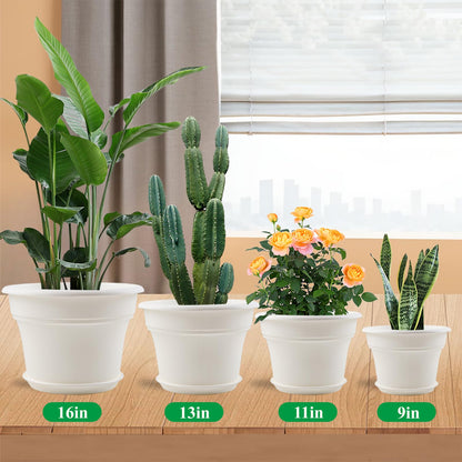 Pottiffe 13 Inch Plastic-Flower-Pot-for-Indoor-Plants, 4 Pack Large Outdoor Planter Pot with Drainage Holes & Saucers, Resin Decorative Garden Pots Planters