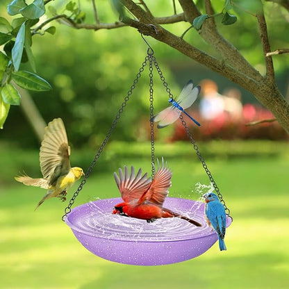 Hanging Bird Bath for Outdoors,Metal Birdbath Bowl with Magnetic Dragonfly Decor Garden Bird Feeder & Water Basin for Backyard,Patio,Decoration,11 Inch Purple Speckled