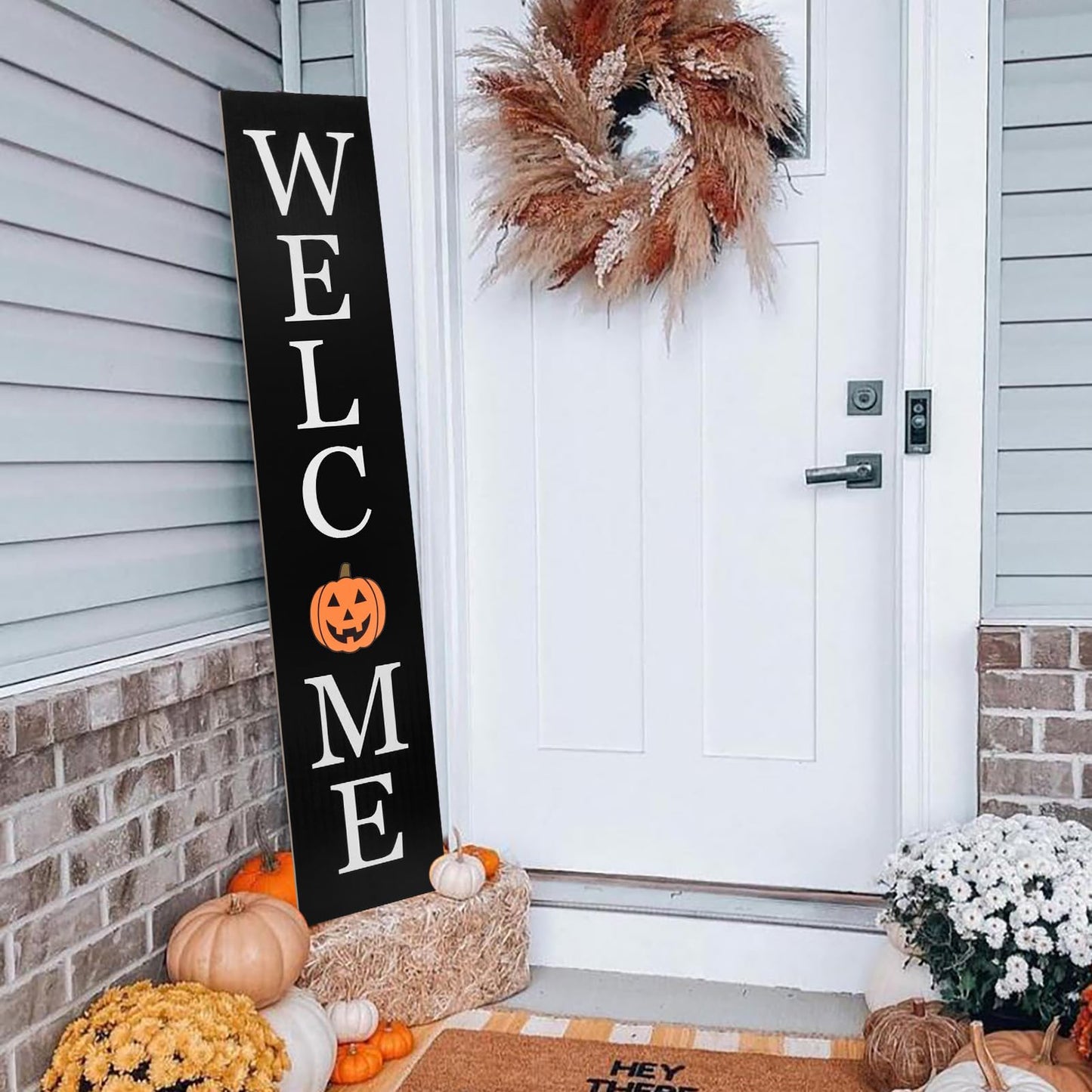Interchangeable Welcome Sign for Front Porch- 45"X9" Large Standing/Hanging Wooden Sign with 12 PCS Replaceable Icons for 4th of July Fall Halloween Porch Wall Yard Decorations (Black)