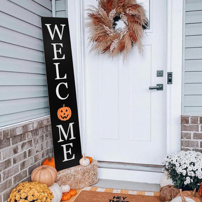 Interchangeable Welcome Sign for Front Porch- 45"X9" Large Standing/Hanging Wooden Sign with 12 PCS Replaceable Icons for 4th of July Fall Halloween Porch Wall Yard Decorations (Black)
