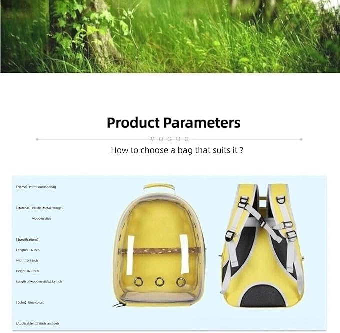 Bird Backpack, Lightweight and Breathable Outdoor Travel Backpack with 12 Breathable Holes, Wooden Pole, Adjustable Shoulder Strap for Birds and Pets (Light Blue)