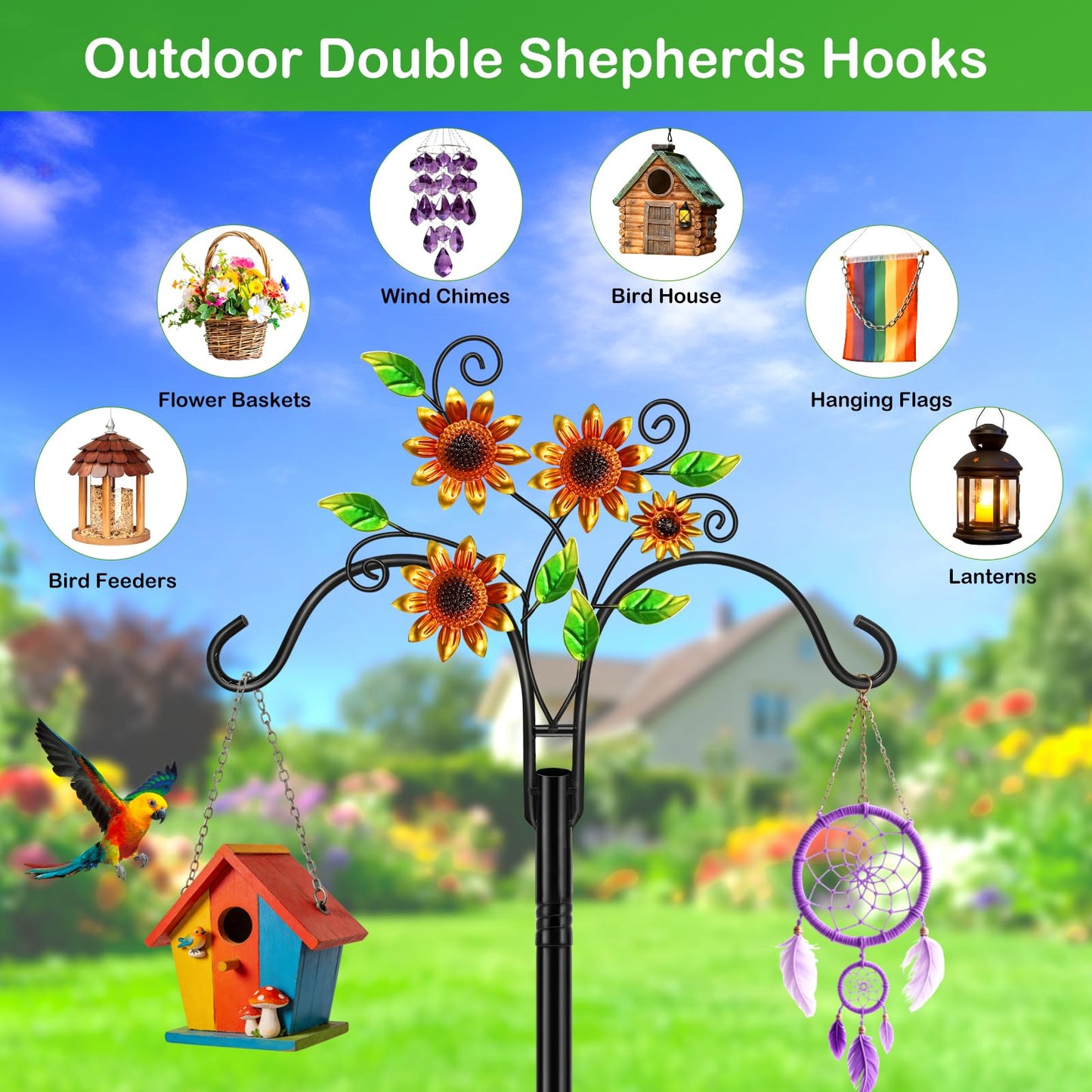 Double Shepherds Hooks for Outdoor, 2 Pack 78 Inch Bird Feeder Pole with 5 Prongs Base, Adjustable Heavy Duty Plant Hangers Sunflower Art for Outdoor Plants Hummingbird Feeder Hanging Basket Lantern