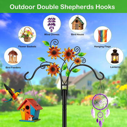 Double Shepherds Hooks for Outdoor, 1 Pack 78 Inch Bird Feeder Pole with 5 Prongs Base, Adjustable Heavy Duty Plant Hangers Sunflower Art for Outdoor Plants Hummingbird Feeder Hanging Basket Lantern