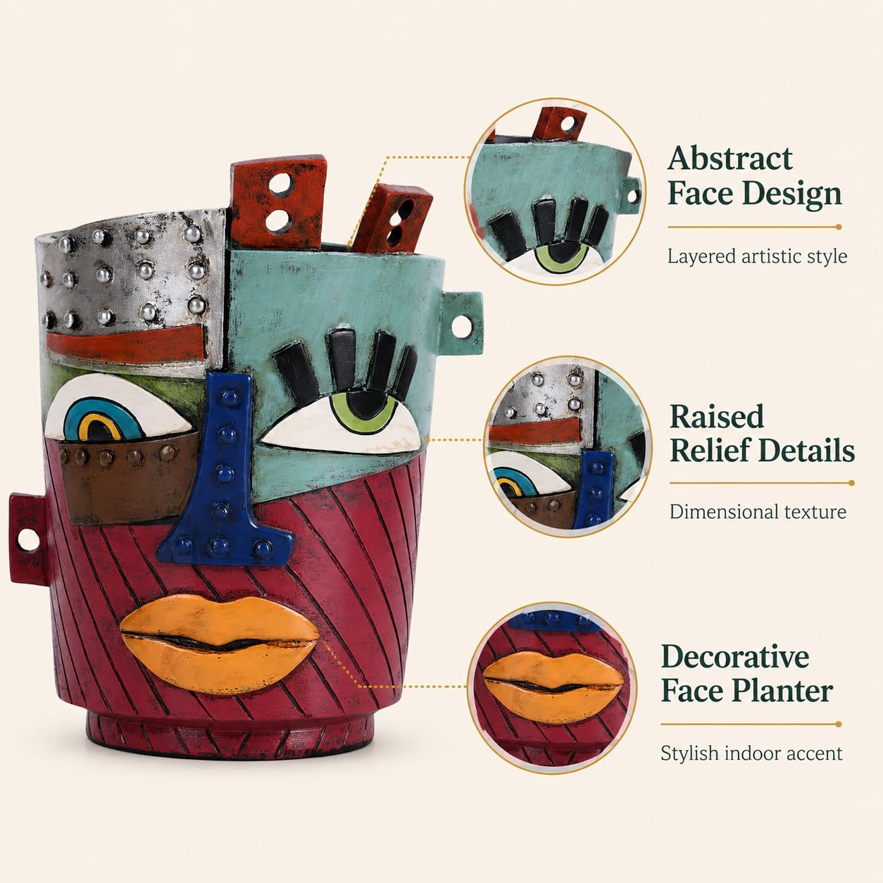 XMGZQ Abstract Cubism Face Planter,Pop Art Sculpture & Vase Decor,Unique Picasso Style Flower Pot,for 4-6 Inch Succulents & Houseplants,Drainage Hole Included,Statement Gift (Industrial)
