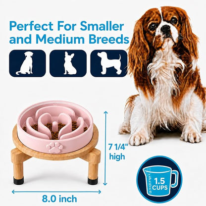Slow Feeder Dog Bowls – Elevated Dog Bowl Slow Feeder with Bamboo Stand– Microwaveable Dog Slow Feeder for Small and Medium Dogs – Lead and BPA-Free Ceramic Pet Bowl – Pet Feeder for Fast Eaters