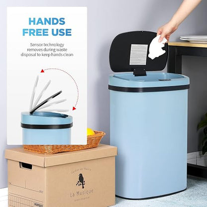 13 Gallon 50 Liter Garbage Can Kitchen Trash Can with Lid Automatic Sensor Touch Free Stainless Steel Waste Bin for Bathroom Bedroom Home Office (Blue)
