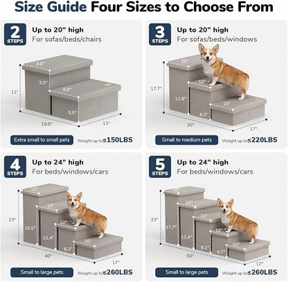 5-Step Wide Dog Stairs with Storage 23" H, Non-Slip Sturdy Pet Steps for High Bed Couch Window, Pet Stairs for Small/Medium/Large Old Dogs Cats Up to 260lbs, Cat Dog Steps for Car/SUV, Grey