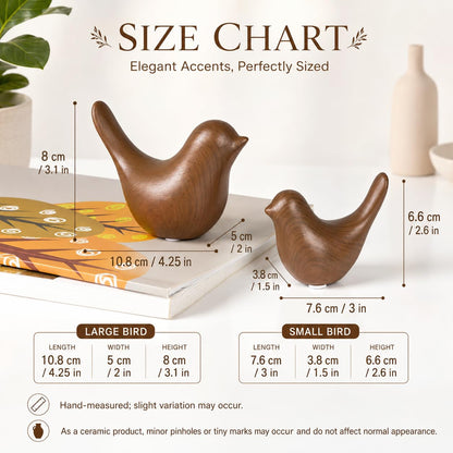 WhimWove 2 Pcs Ceramic Bird Figurines with Dark Wood Grain Look, Small Bird Statues for Home Decor, Modern Animal Sculptures, Shelf Decor, Bookshelf Decor, Tabletop Decorations for Living Room Office