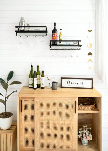 Mkono Wall Mounted Wine Rack Set of 2 Wood Shelf Rustic Wine Bottle Glass Floating Shelves with Stemware Hanger Modern Plants Photos Wine Display Storage Holder for Kitchen Dining Room Bar, Black