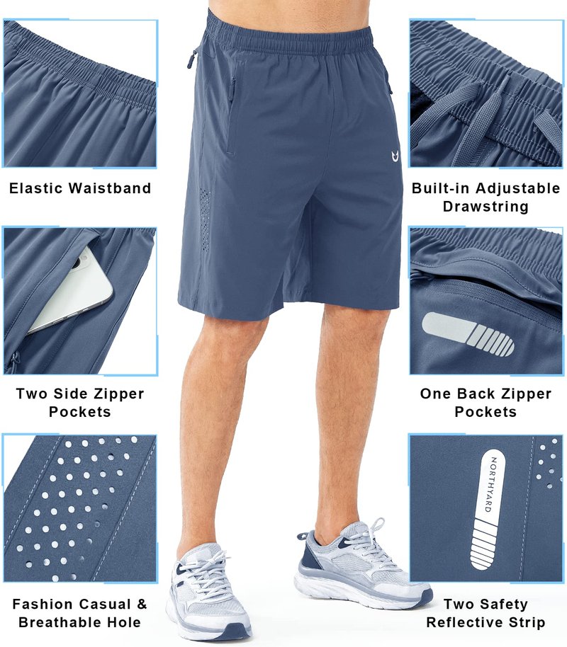 NORTHYARD Men's Athletic Running Shorts Gym Workout 7"/9"/5" Quick Dry Lightweight Sports Basketball Tennis 3 Zipper Pockets FEDERALBLUE-9inch 4XL