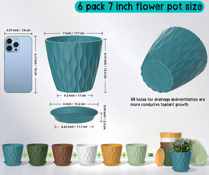 zople 6 Pack 7 Inch Plant Pots with Drainage and Saucers, Multicolour Plastic Flower Pots for Indoor and Outdoor Plants, Stackable Nursery Planters for Houseplants and Herbs, Multicolour