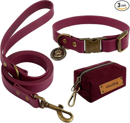 Wisedog Waterproof Dog Collar and Leash Set, XL, Burgundy | Adjustable Puppy Collar, Cute Tag, 6FT Dog Leash, Poop Bag Included, Small Medium Large Dogs