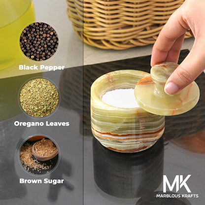 MARBLOUS KRAFTS Marble Salt Cellar with Lid 3" Inch Green Onyx Stone Salt Holder for Counter & Stone Salt Container, Salt Dish, Salt Box & Spice Jar, Ideal Mother’s Day Gift, Home Decor