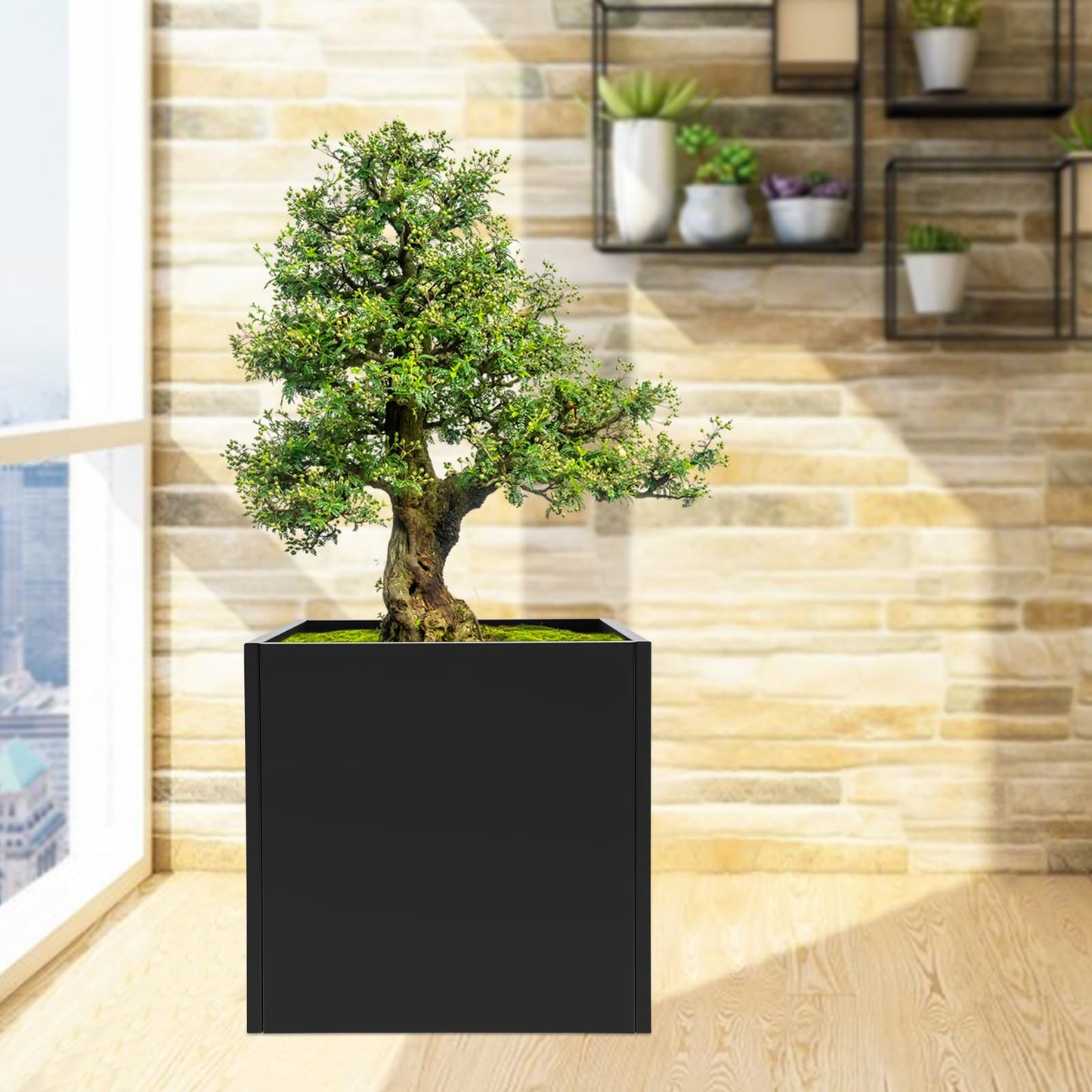 HZOPUTLH 26inch Steel Planter Box, Large Square Indoor Outdoor Planters, Floor Standing Heavy Duty Tall Metal Cube Planter Box, Steel Flower Boxes for Balconies, Gardens, Decks, Patios (Black)