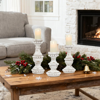 JUMBO DECOR Farmhouse Large Candle Holders for Pillar Candles, Rustic Wooden Beaded Candle Holder, Perfect for Table Centerpieces, Coffee Table or Fireplace Mantel, 3 Piece Set (White)