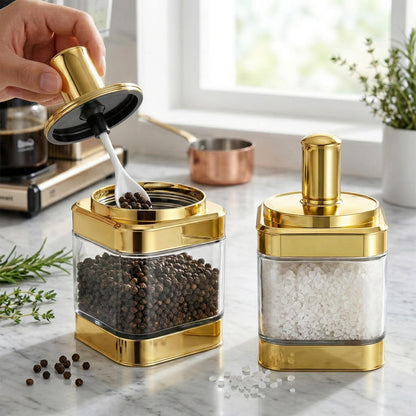 KongTiva 2 Pcs Glass Condiment Pot, Gold Spice Jars with Lids and Spoons Glass Condiment Containers Seasoning Pot Set Salt Box Sugar Dispenser for Kitchen Dining Room Counter Flour Sugar