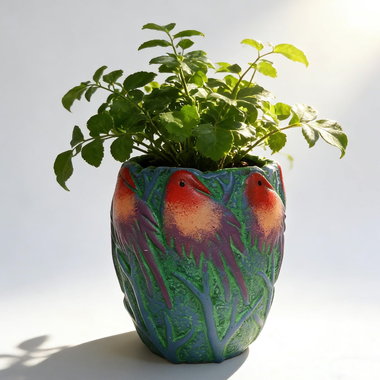 qumHmup 6.5 inch Green Ceramic Flower Pot with Bird Patterns,Indoor Outdoor Planter for Succulents Plants, Modern Home Garden Decor